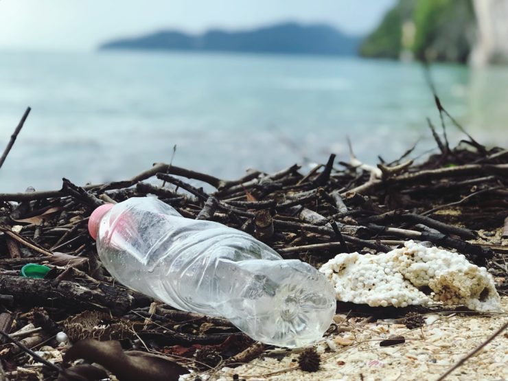 plastic water bottle near the ocean