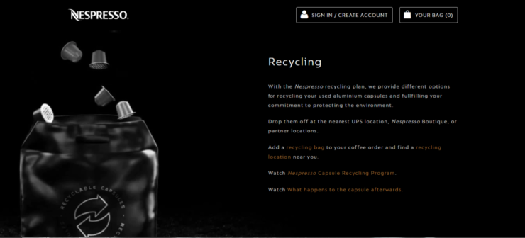 Nespresso recycling page